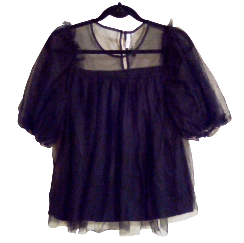 KAKTUS Women's Small Black Mesh Illusion Overlay Top Whimsigoth Witchy Babydoll
